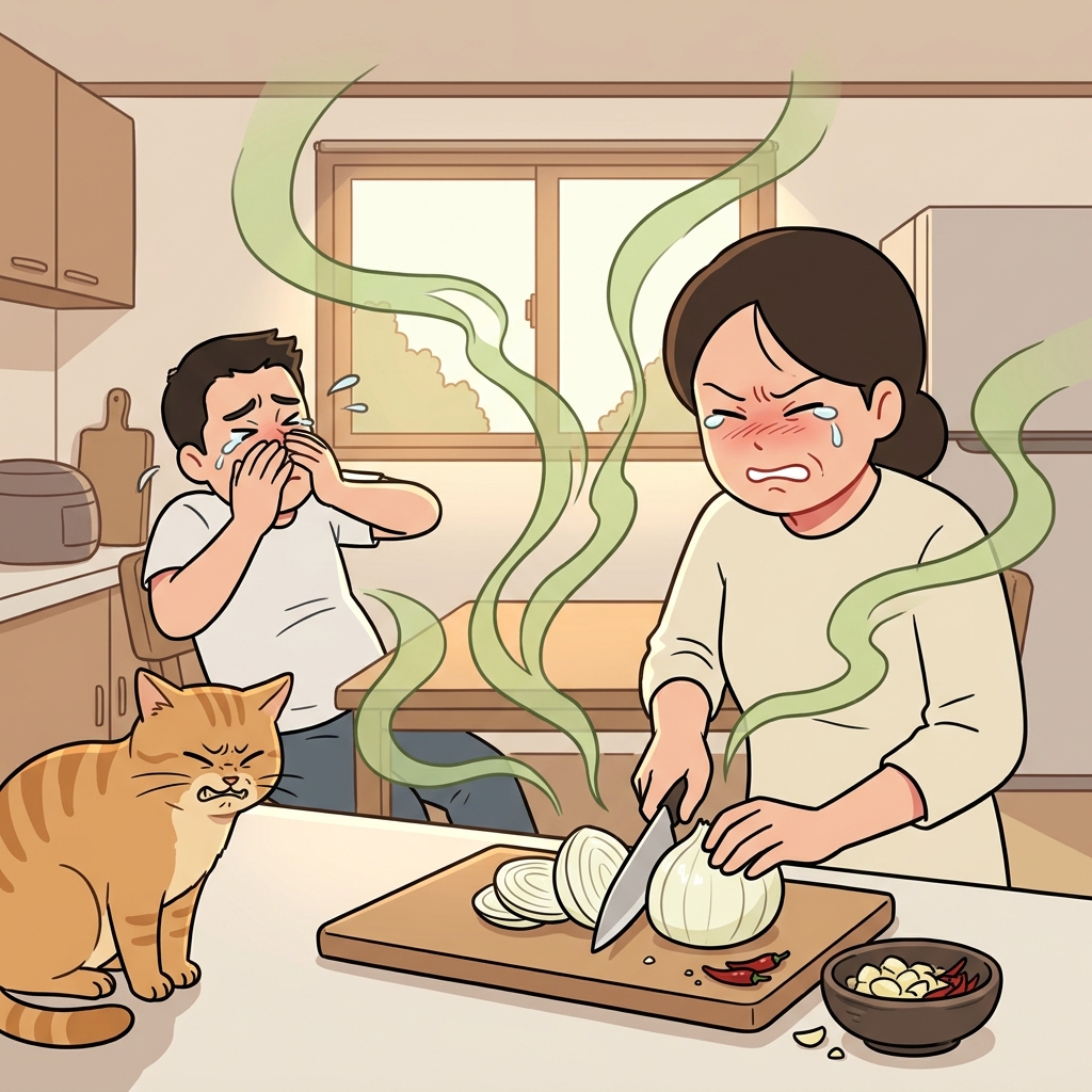 양파를 썰자 코를 찌르는 냄새에 다들 눈물이 났다.
