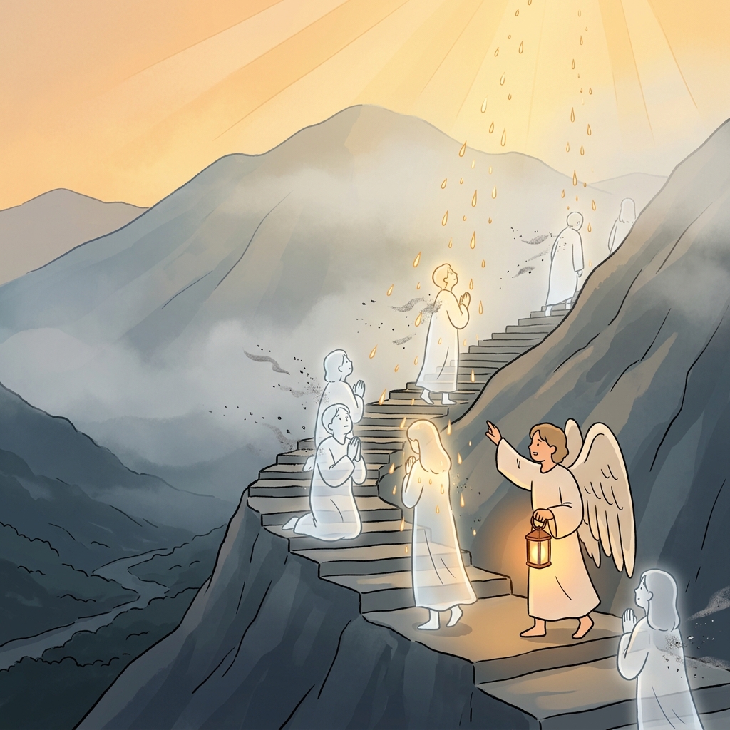 Souls climb a misty mountain in purgatory, waiting to be cleansed before heaven.