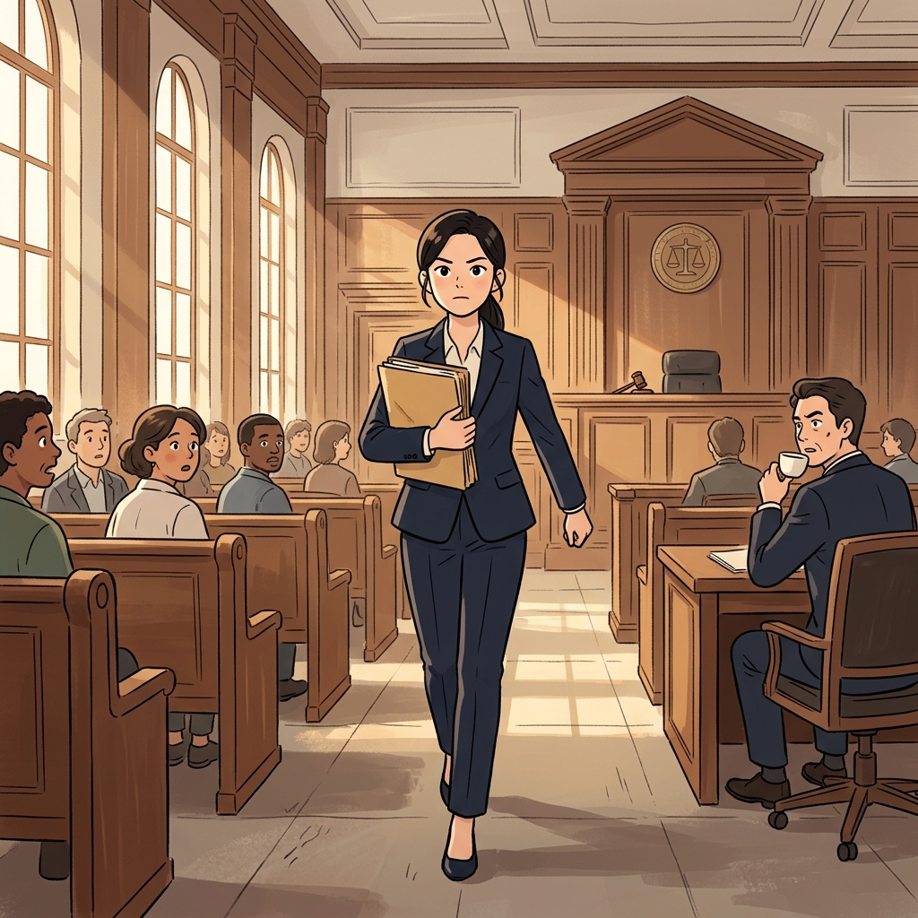 그녀는 의뢰인을 변호하러 법정으로 당당하게 걸어 들어갔다.