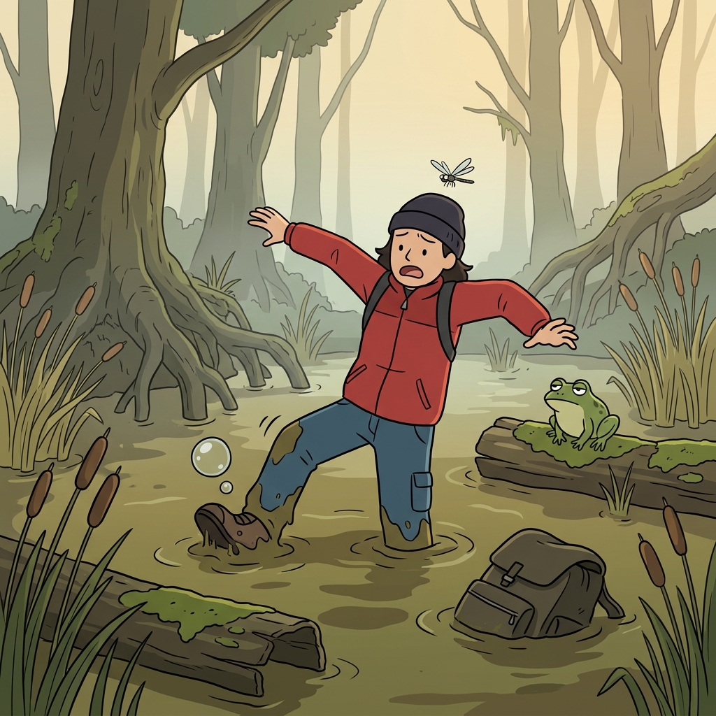 The hiker sinks knee-deep into a muddy quagmire and can't pull free.