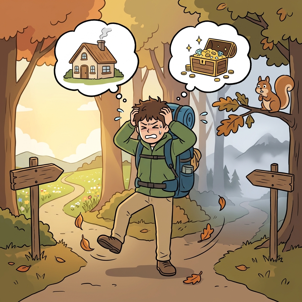 Stuck in a quandary, he can't decide which path to take at the crossroads.