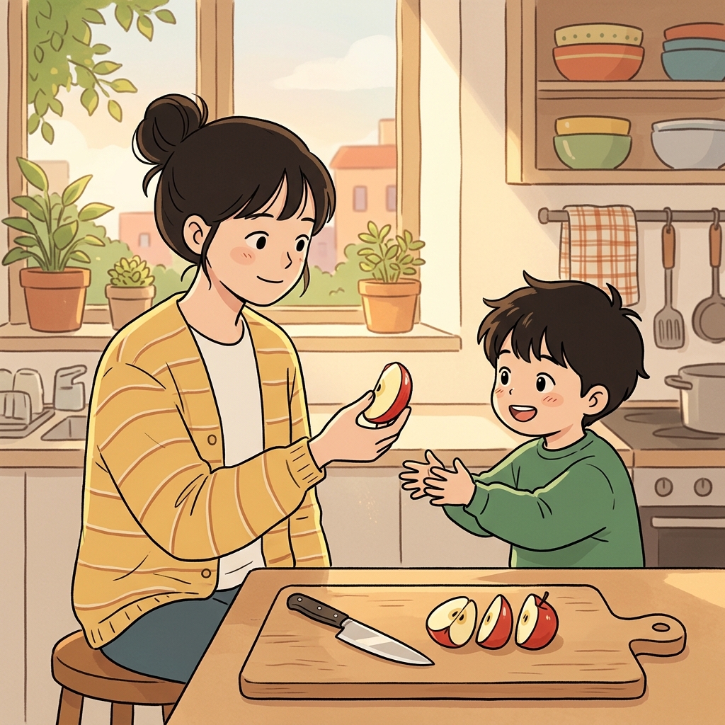 She sliced the apple into a perfect quarter for her little brother.