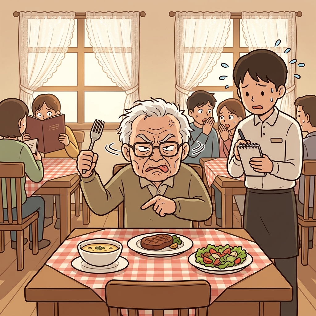 The querulous old man complained about every dish the waiter brought.