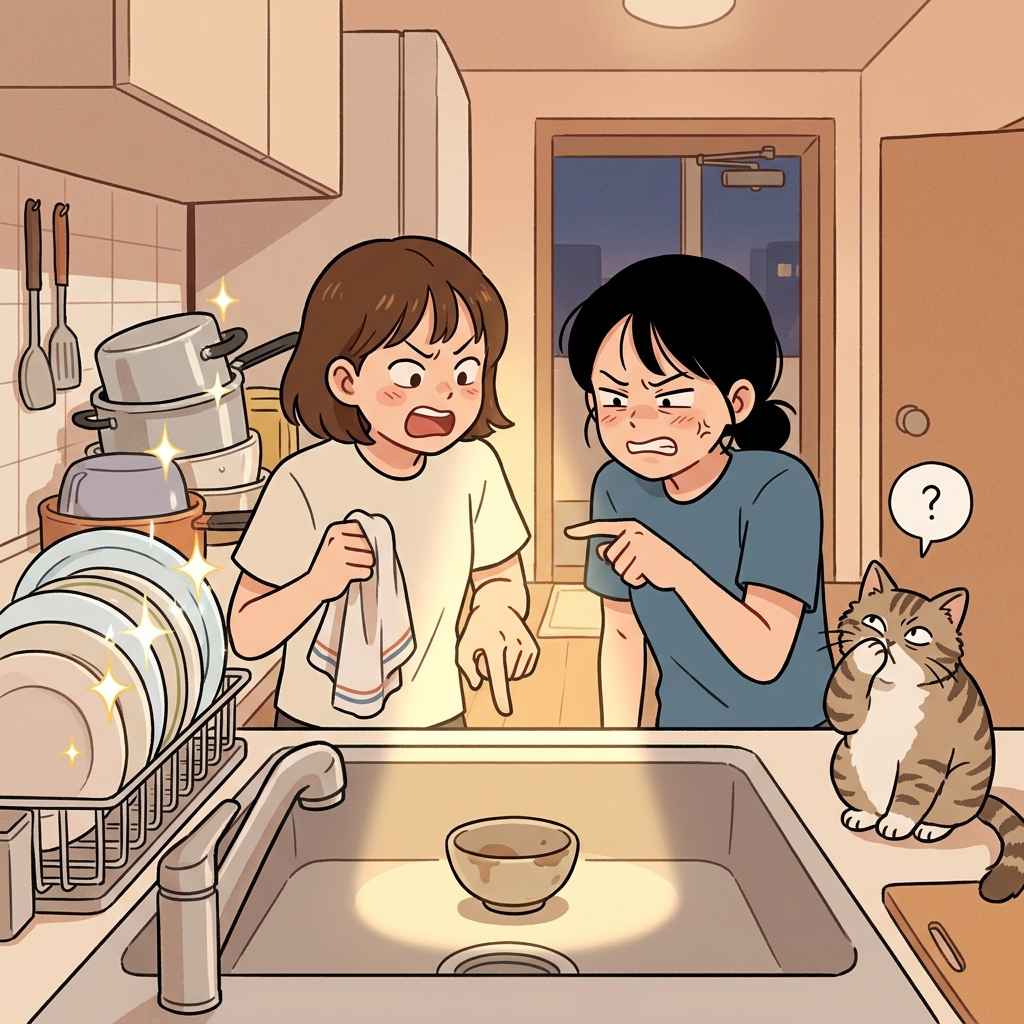 They quibble over who left one dish in the sink.