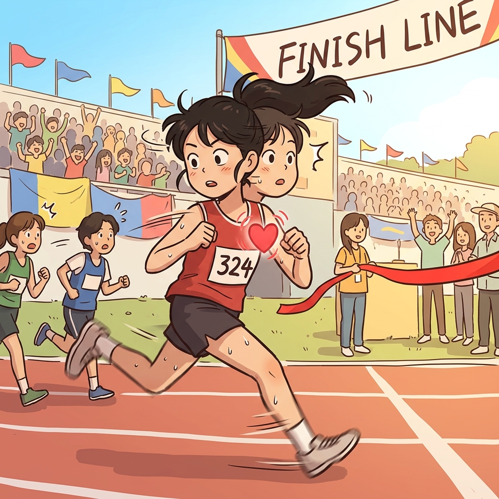 결승선이 보이자 그녀의 심장이 빨라지기 시작했다.