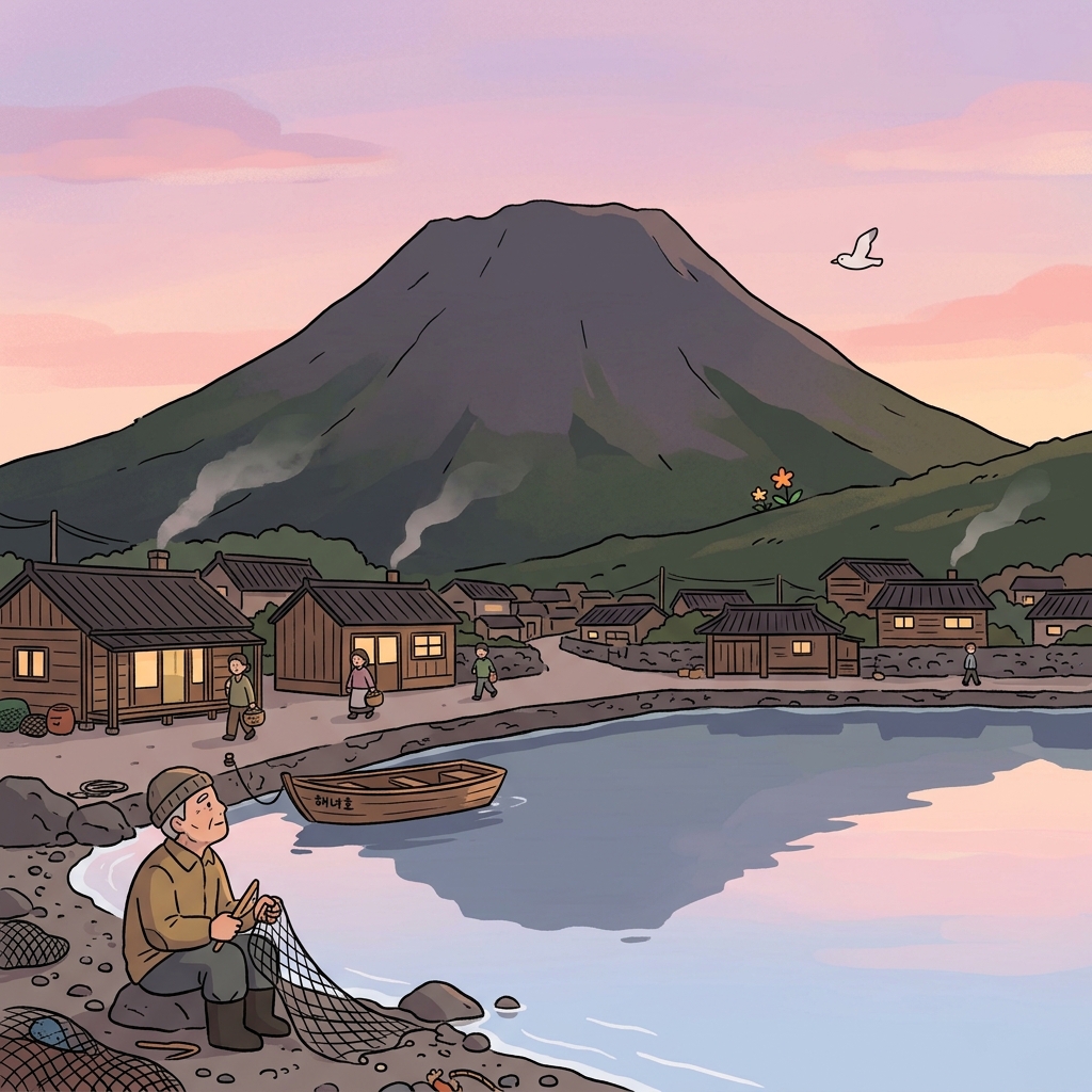 The quiescent volcano sleeps peacefully above the coastal village at dawn.