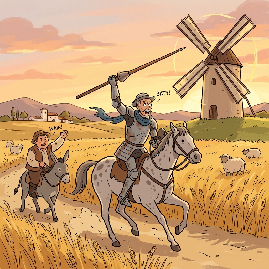 The old knight charges a windmill, convinced it's a giant — a truly quixotic quest.