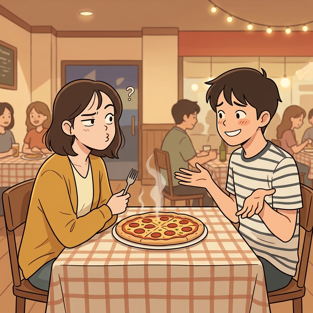 피자를 한 번도 안 먹어봤다는 말에 그녀는 의아한 표정을 지었다.