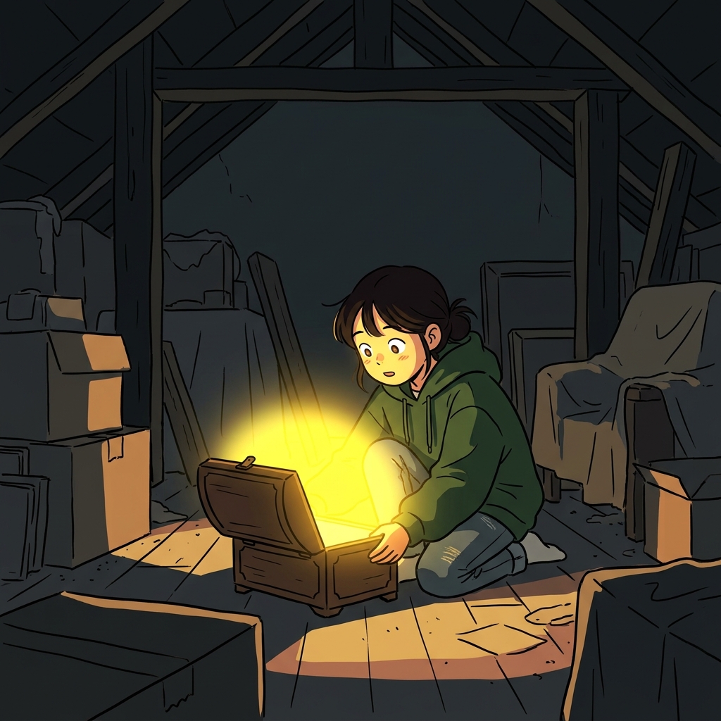 소녀가 오래된 상자를 열자, 눈부시게 빛나는(radiant) 빛이 어두운 방을 완전히 밝혔다.