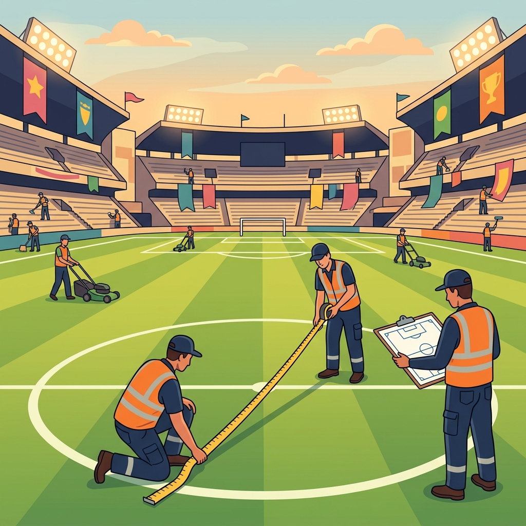 The workers carefully measured the radius of the center circle while preparing the stadium for the championship match.