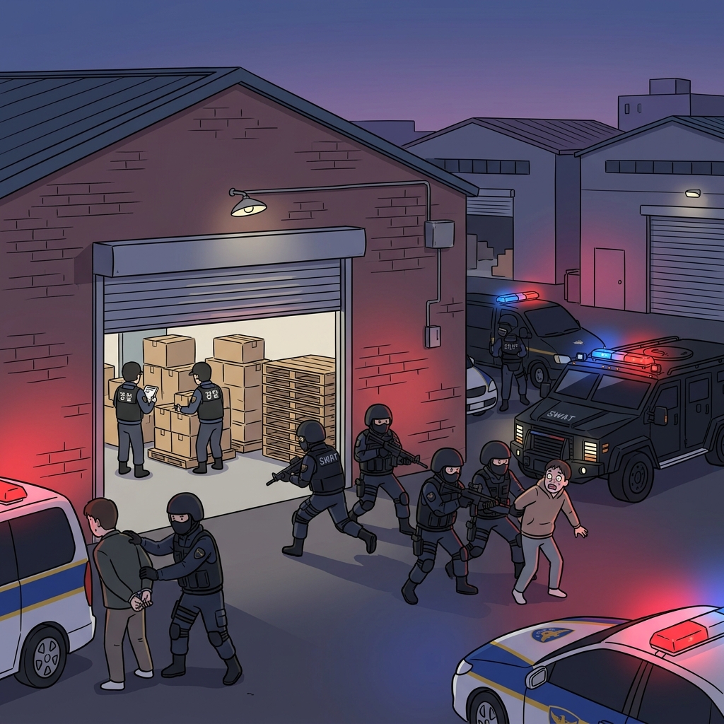 Police raided the illegal warehouse before sunrise.