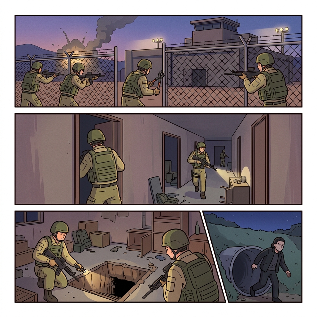 The soldiers raided the base, invaded the compound, but the leader managed to evade capture.