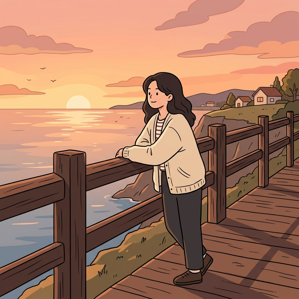 She leaned against the railing and admired the sunset.