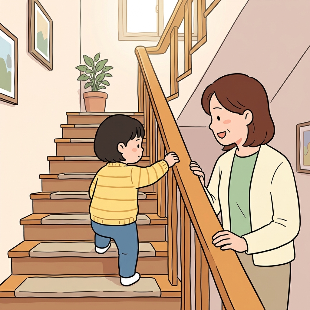 아이는 계단을 오르며 난간을 꼭 잡았다. ("레일!" → 레일처럼 길게 이어진 난간)