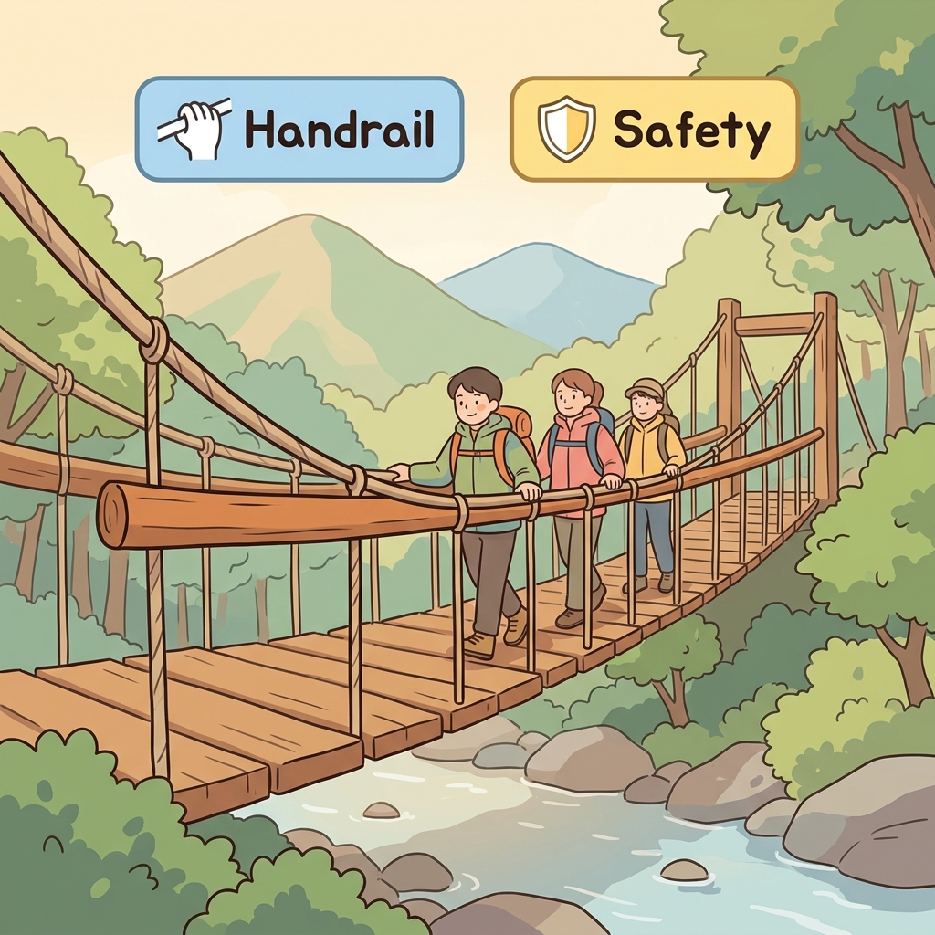 The hikers grabbed the railing before crossing the bridge.