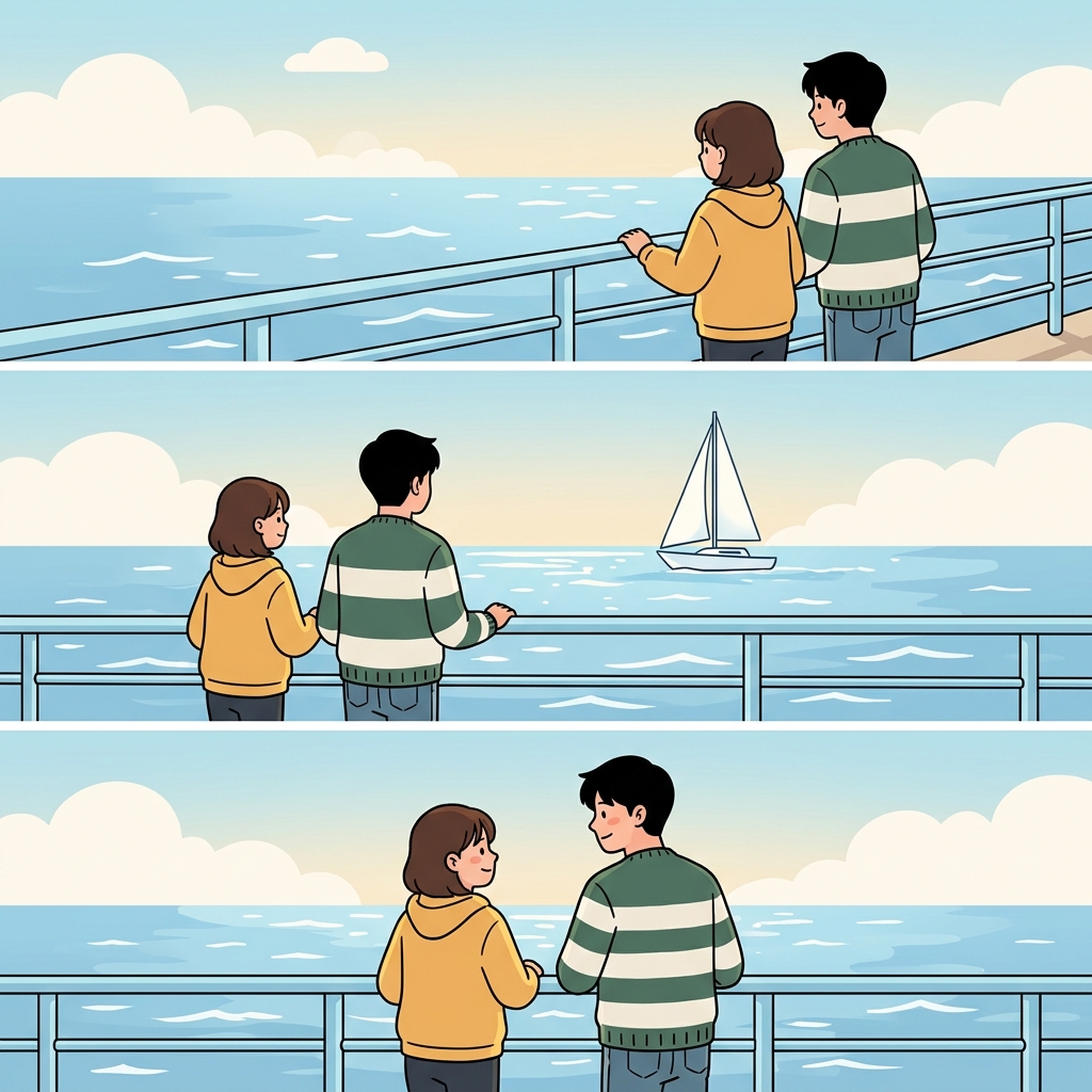 Holding the railing, they watched a sailing boat while smiling together.