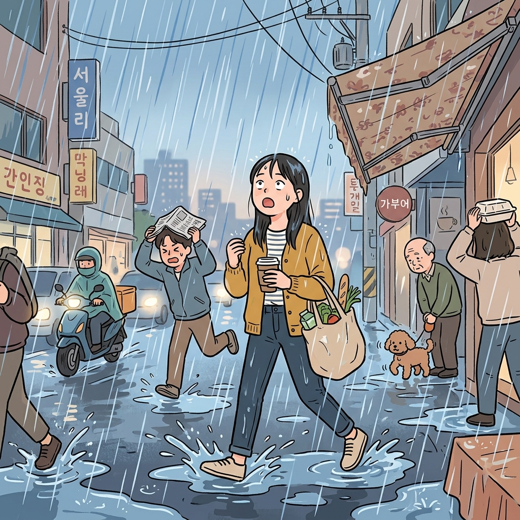 우산도 없이 나오자마자 비가 억수같이 쏟아졌다.