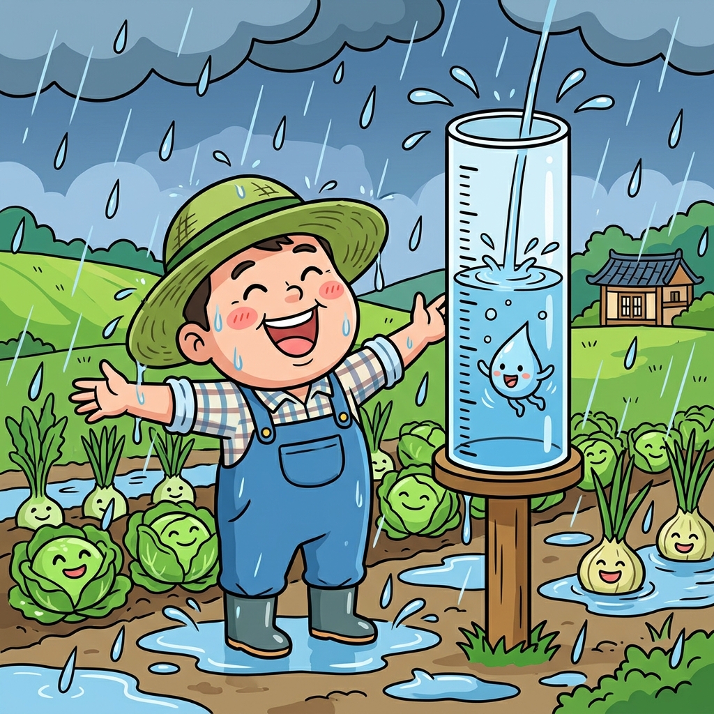비가 후두둑 떨어지자 농부는 강수량을 기쁘게 측정했다. (비(rain)가 폴(fall, 떨어지다) 떨어진 양)