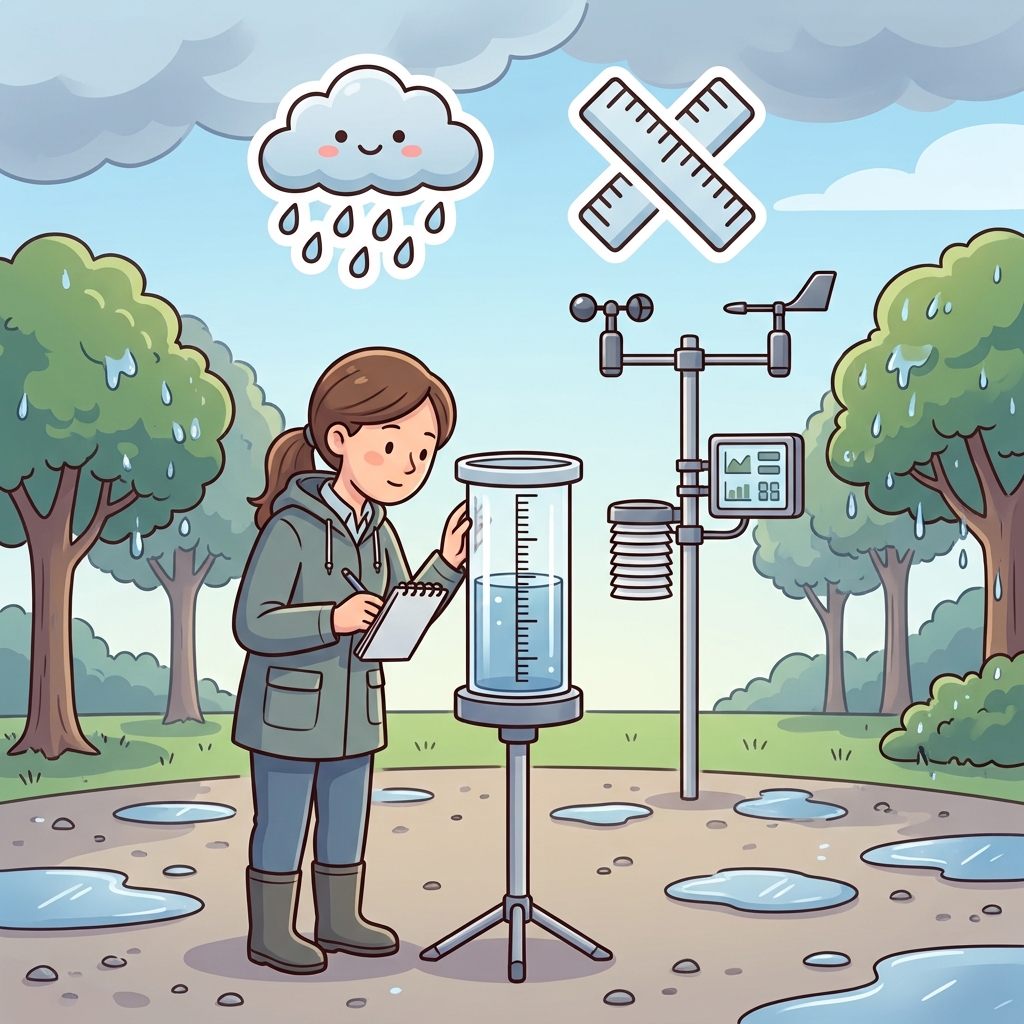 The weather station recorded yesterday's rainfall after the storm. (🌧️ Rain + 📏 Amount → Rainfall)