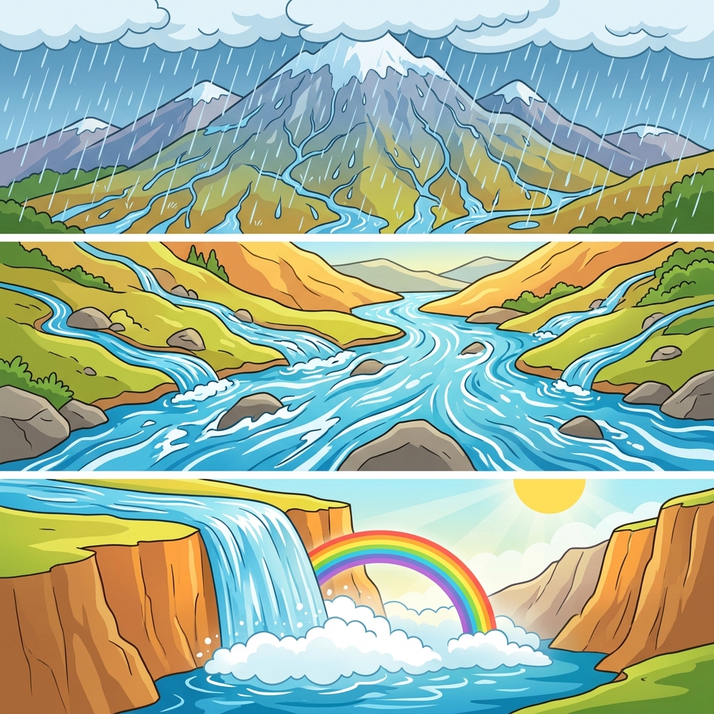 Heavy rainfall filled the river until it became a roaring waterfall.