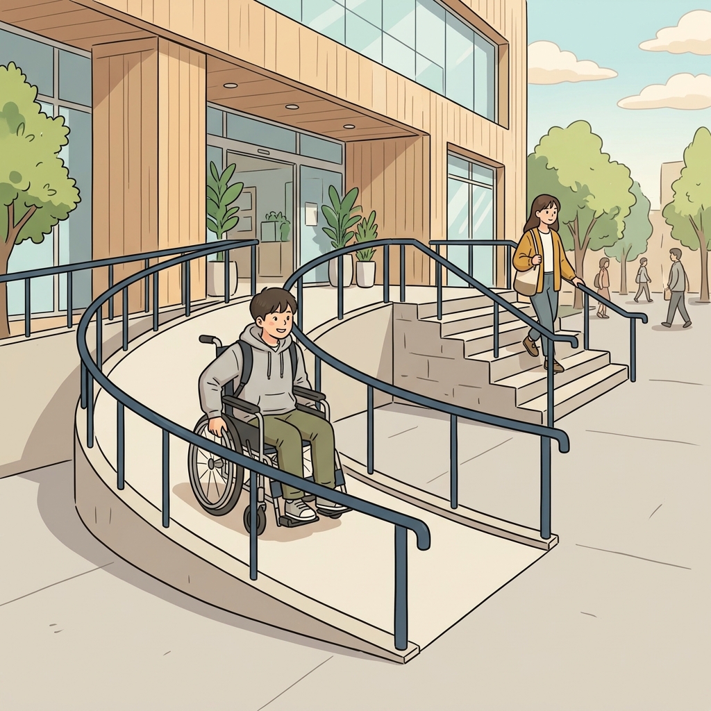 The wheelchair rolled safely down the ramp outside the library.