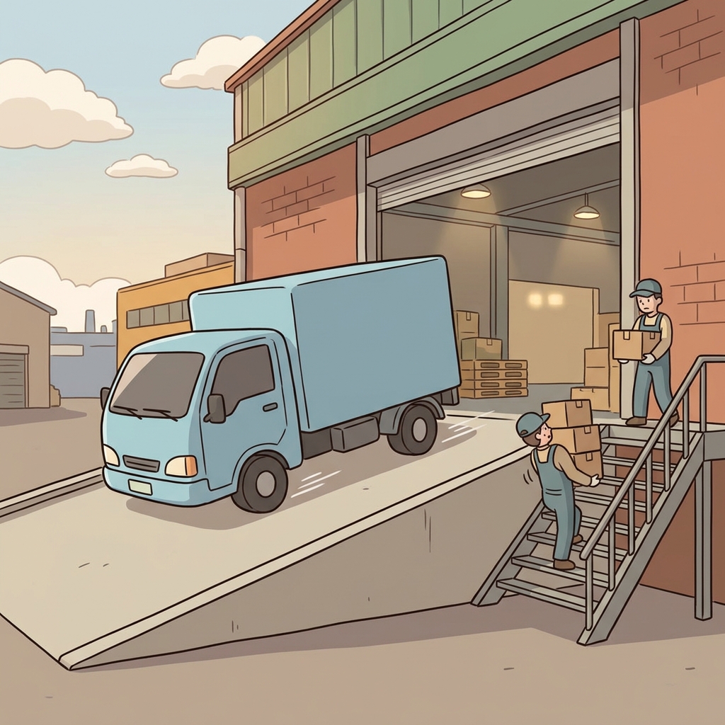 The truck rolled carefully down the ramp after unloading its cargo. (Ramp = Roll path.)