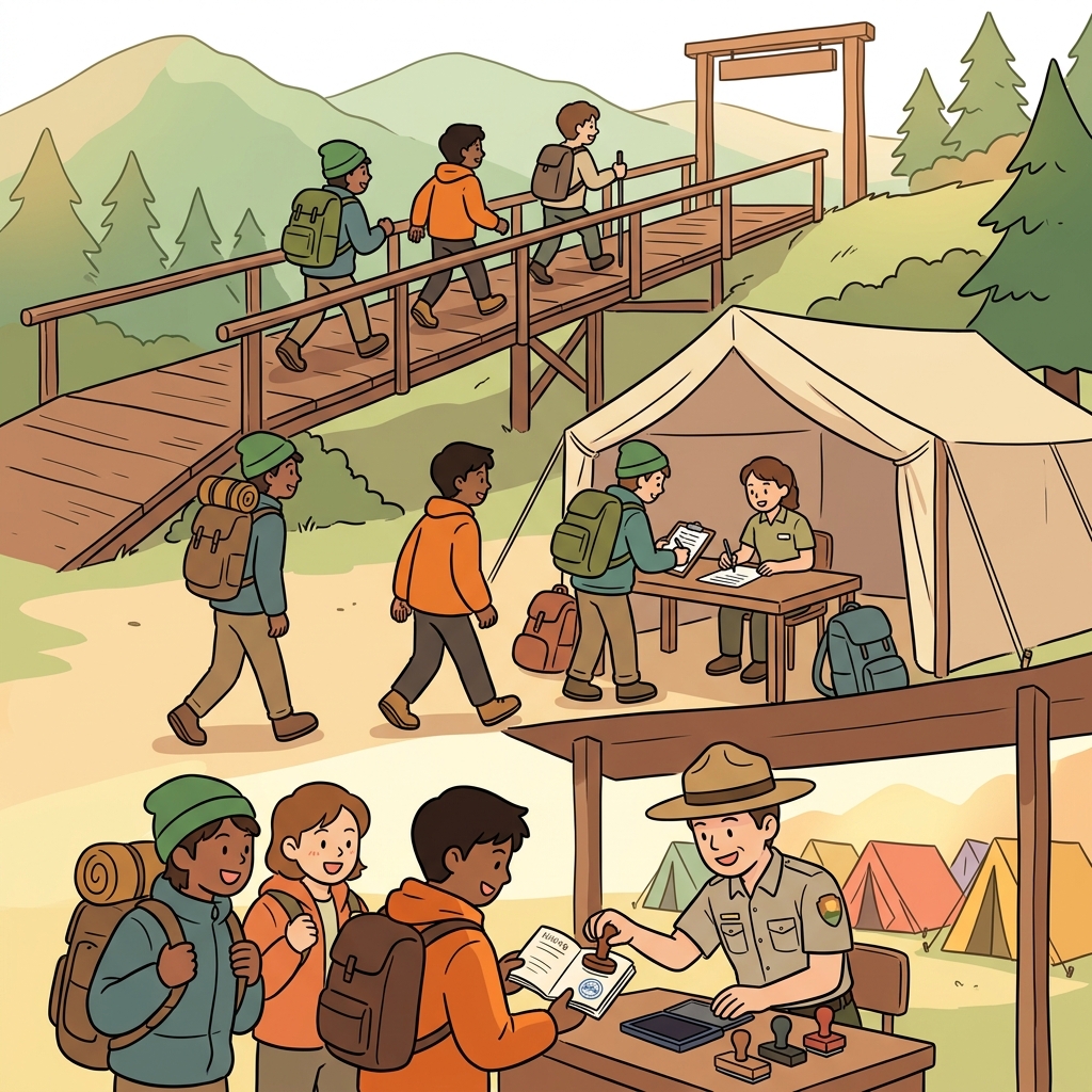 The hikers climbed a ramp into the camp before receiving an official stamp.