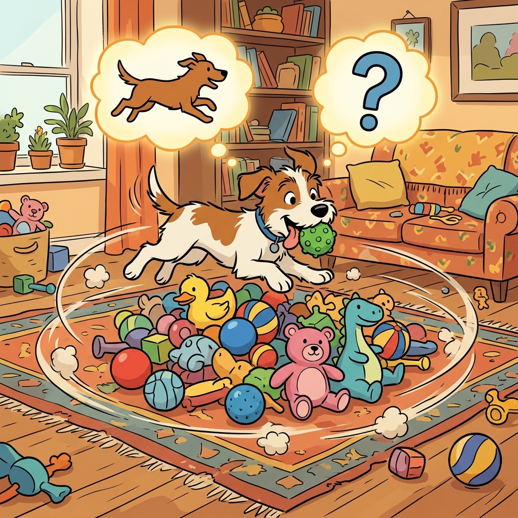 A puppy ran around and randomly picked one ball from a pile of toys. (RAN + DUMB → a puppy runs around and chooses randomly)