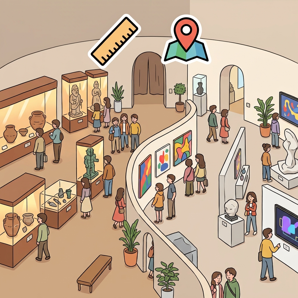 The museum's collection ranges from ancient pottery to modern paintings. (📏 From + 📍 To → Range)