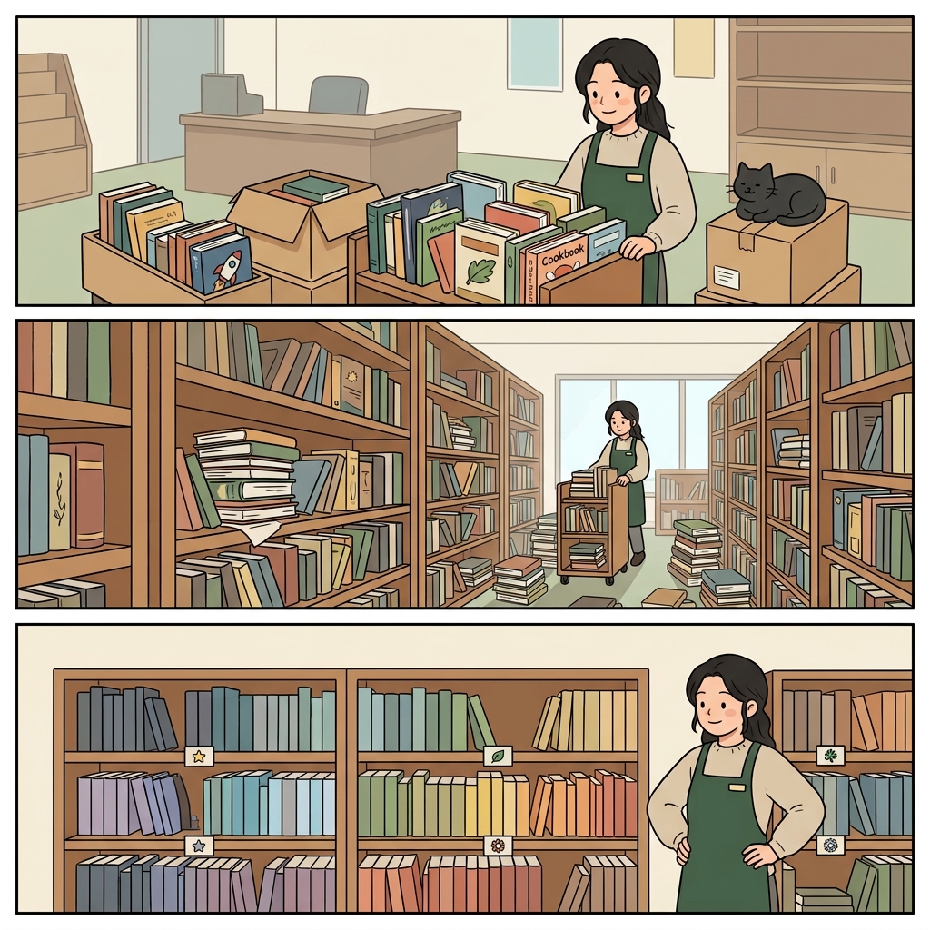 The wide range of books changed the library, so the librarian arranged them by subject.