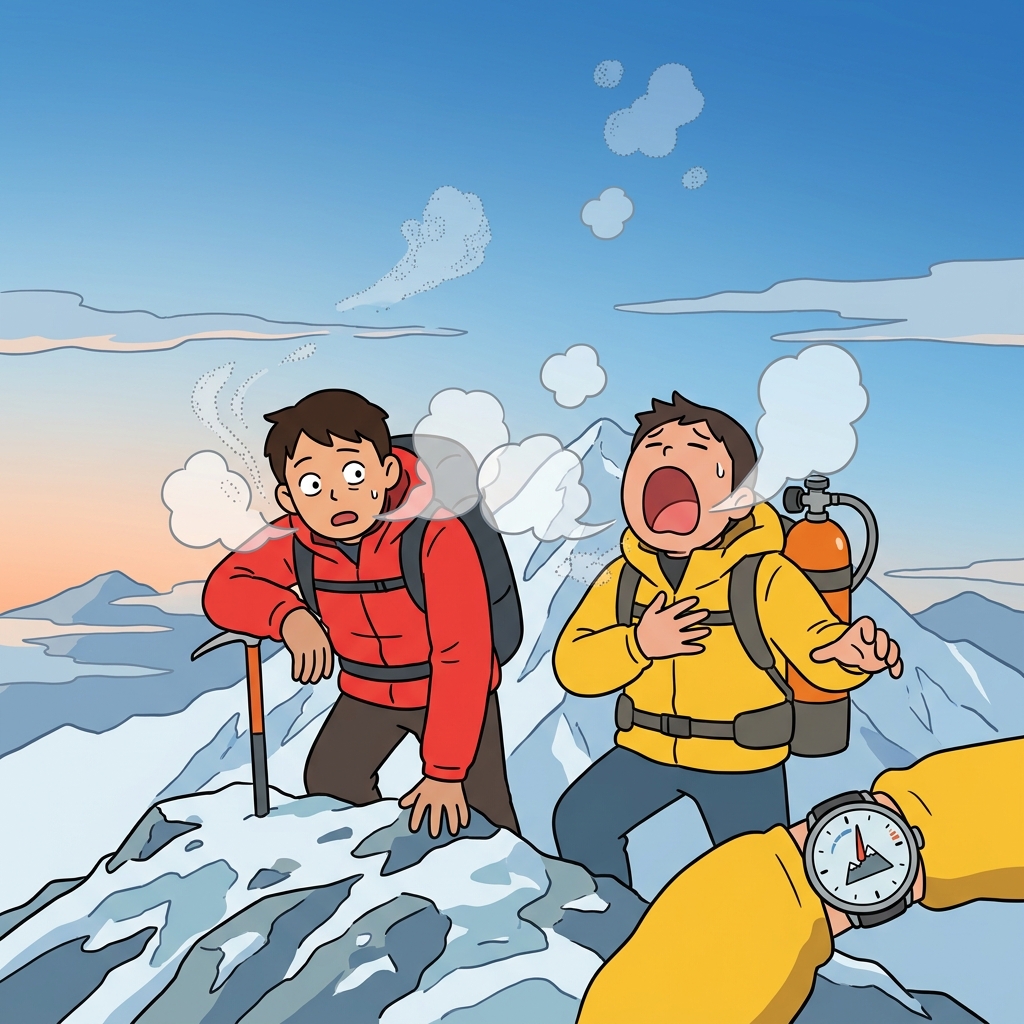 The climbers gasped as the mountain air began to rarefy near the summit.