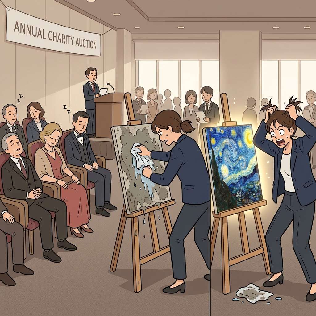 She charitably donated the painting, clearly cleaned it, and only rarely discovered such a priceless treasure.