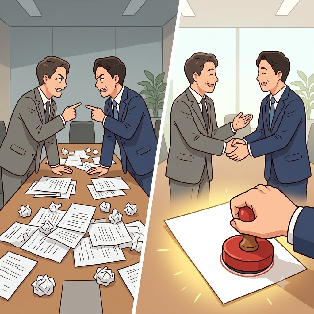 오랜 시간의 분노 어린 토론 끝에, 두 지도자는 마침내 문서에 서명하여 평화 조약을 완전히 비준했다(ratify).