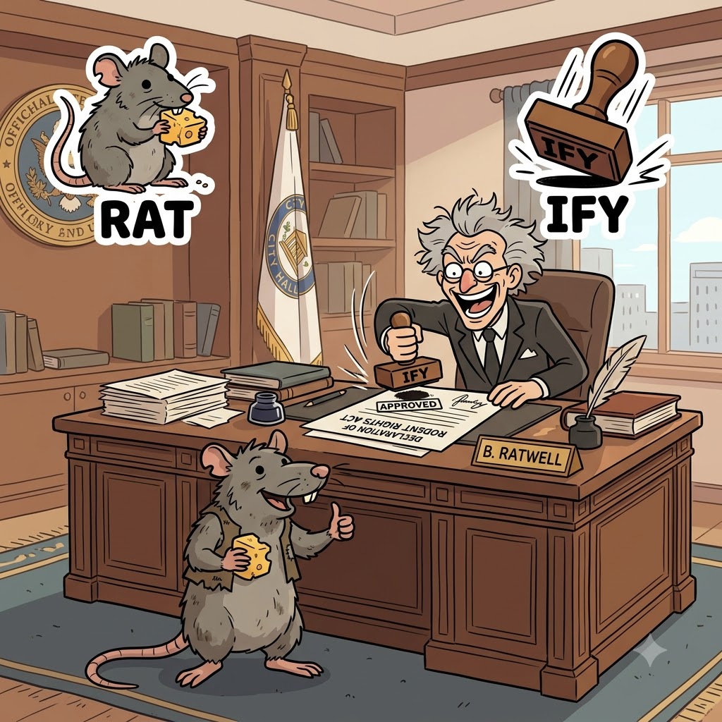 RAT(쥐) + IFY(만들다/동사화) — 미친 시장은 거대한 도장을 찍어 모든 쥐(RAT)에게 무료 치즈를 제공하는 법안을 공식적으로 비준했다(ratify).