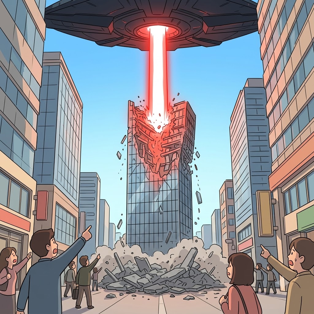 "붉은 레이저(raze) 빔이다!" 거대한 우주선이 무기를 발사해 고층 빌딩을 완전히 파괴했다(raze).