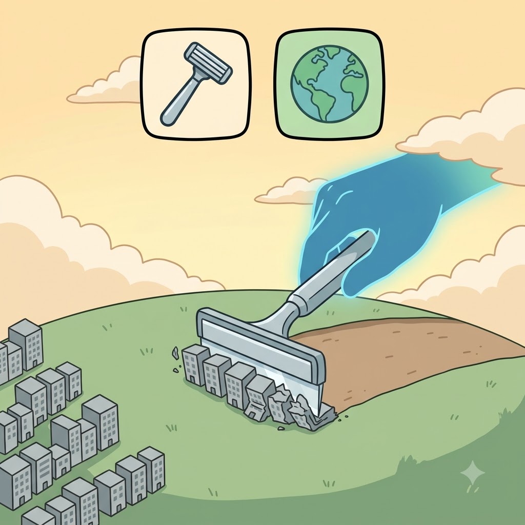RAZ(면도기/razor) + E(지구/earth) — 거인은 거대한 금속 면도기(RAZor)를 사용해 지구(Earth) 위 건물들을 모조리 깎아내어 완전히 파괴하려(raze) 했다.
