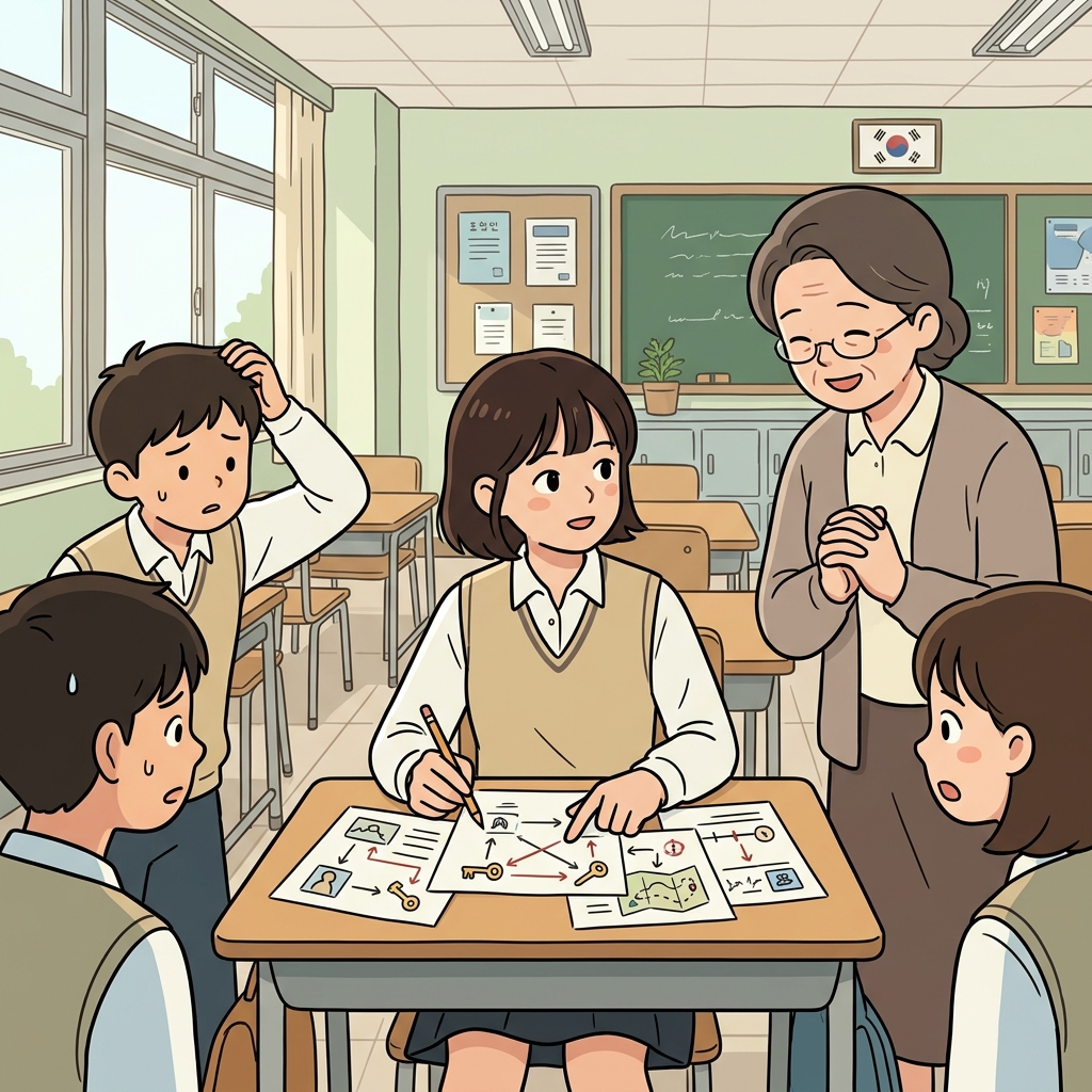 학생은 찍지 않고 차근차근 추론하며 어려운 퍼즐을 풀었다. ("이유(Reason) 있네!" → 이유를 하나씩 따라가며 추론한다)