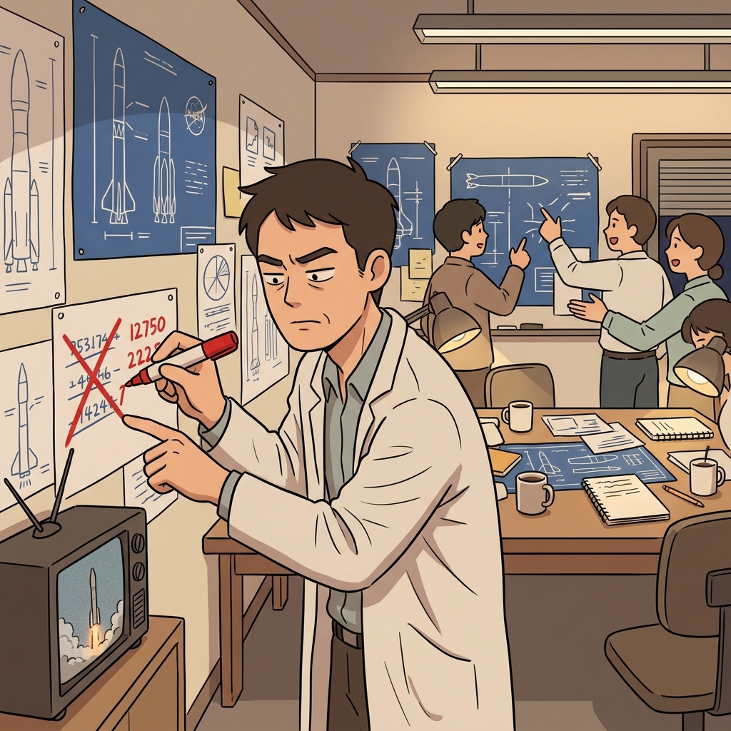 발사가 실패하자 엔지니어가 설계도를 처음부터 다시 검토한다.