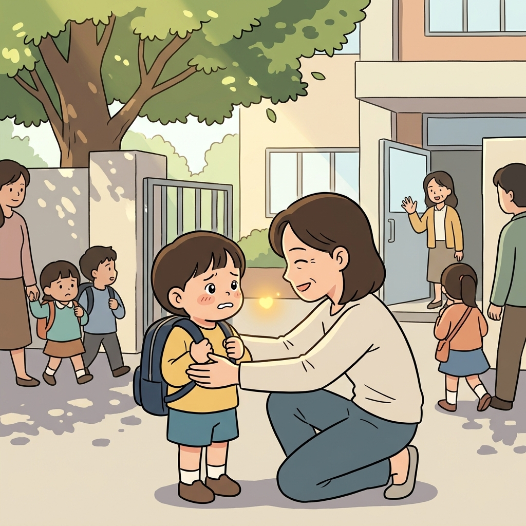 엄마가 학교 가기 무서워하는 아이를 다정하게 다독여 준다.