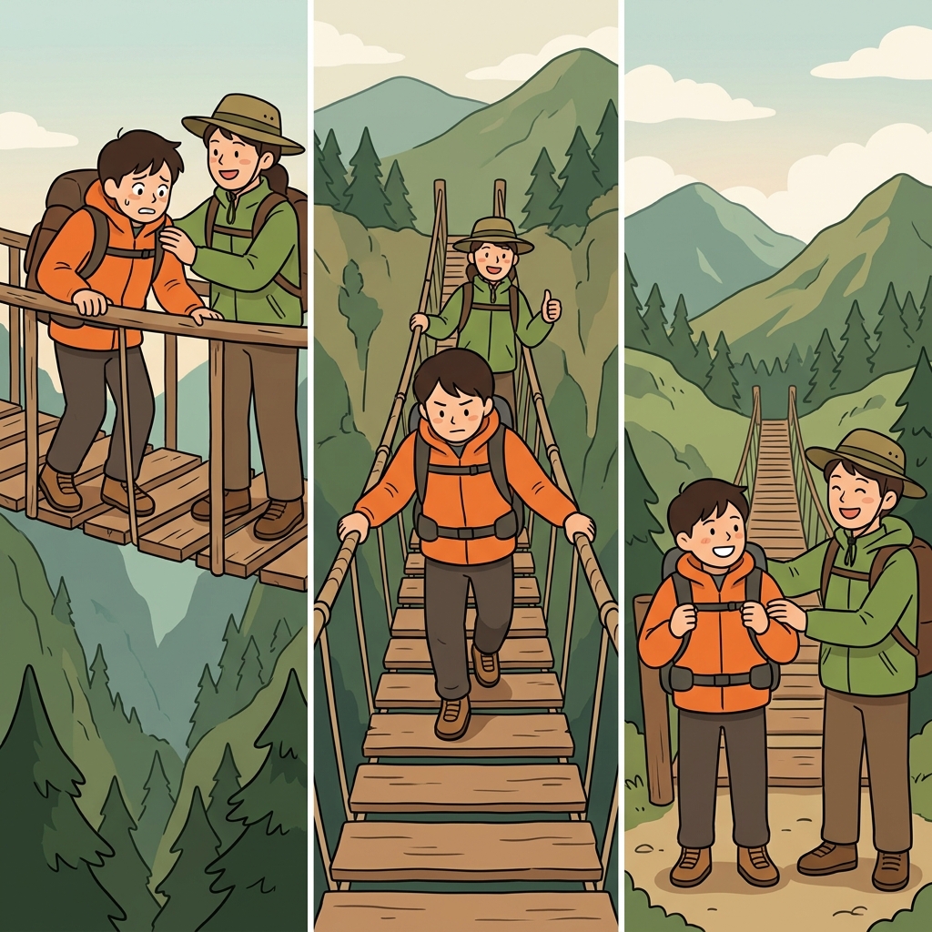 The guide's reassuring words helped the climber endure the challenge until they felt secure again.