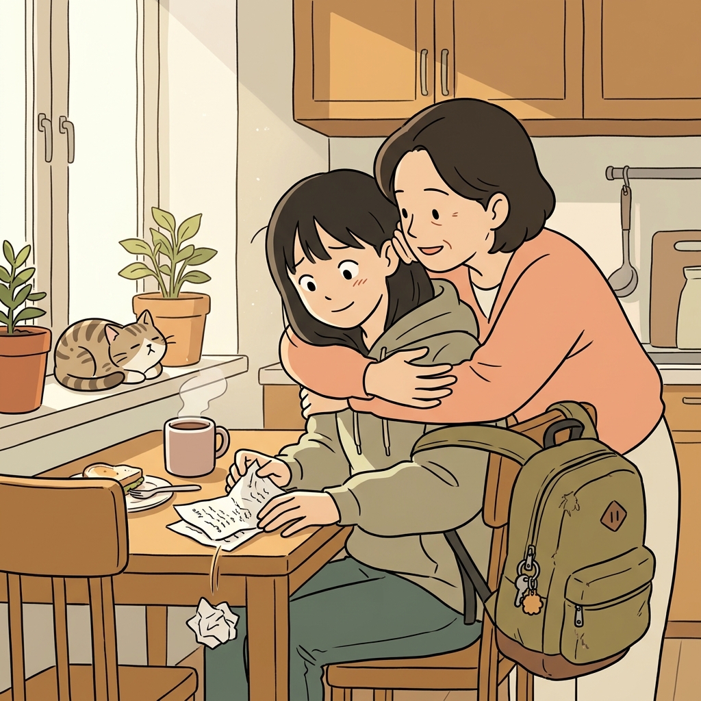 엄마의 따뜻한 포옹 하나에 시험 걱정이 스르르 녹아내린다.