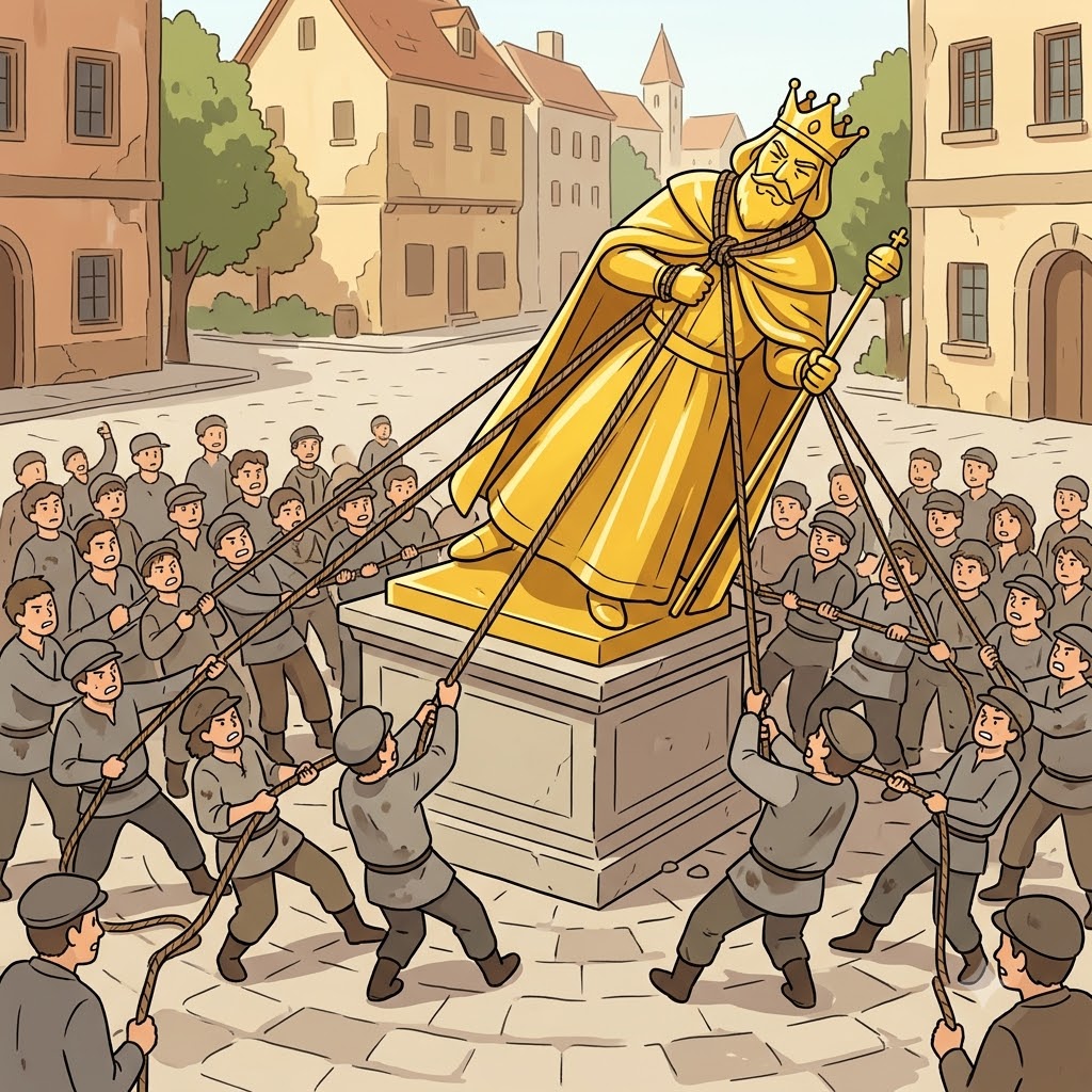 The angry citizens tied ropes around the cruel king's golden statue to start a massive rebellion.