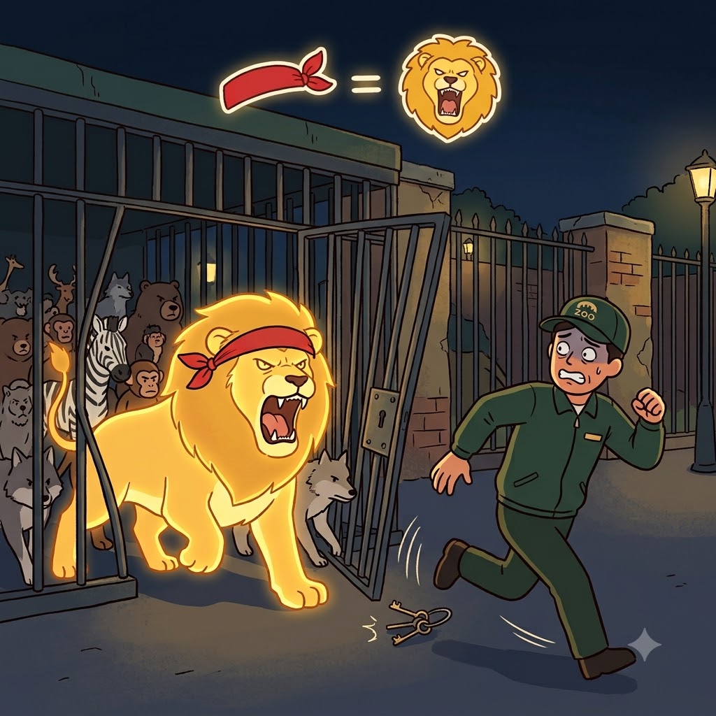 REBEL(fighter) + LION(lion) — the fierce LION tied a red bandana to become a brave REBEL, leading the zoo's animal rebellion.