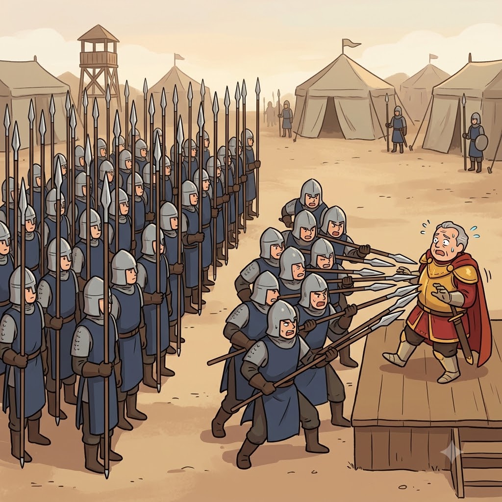 Refusing the corrupt general's order, the heavily armed battalion turned their spears around to start a massive rebellion.