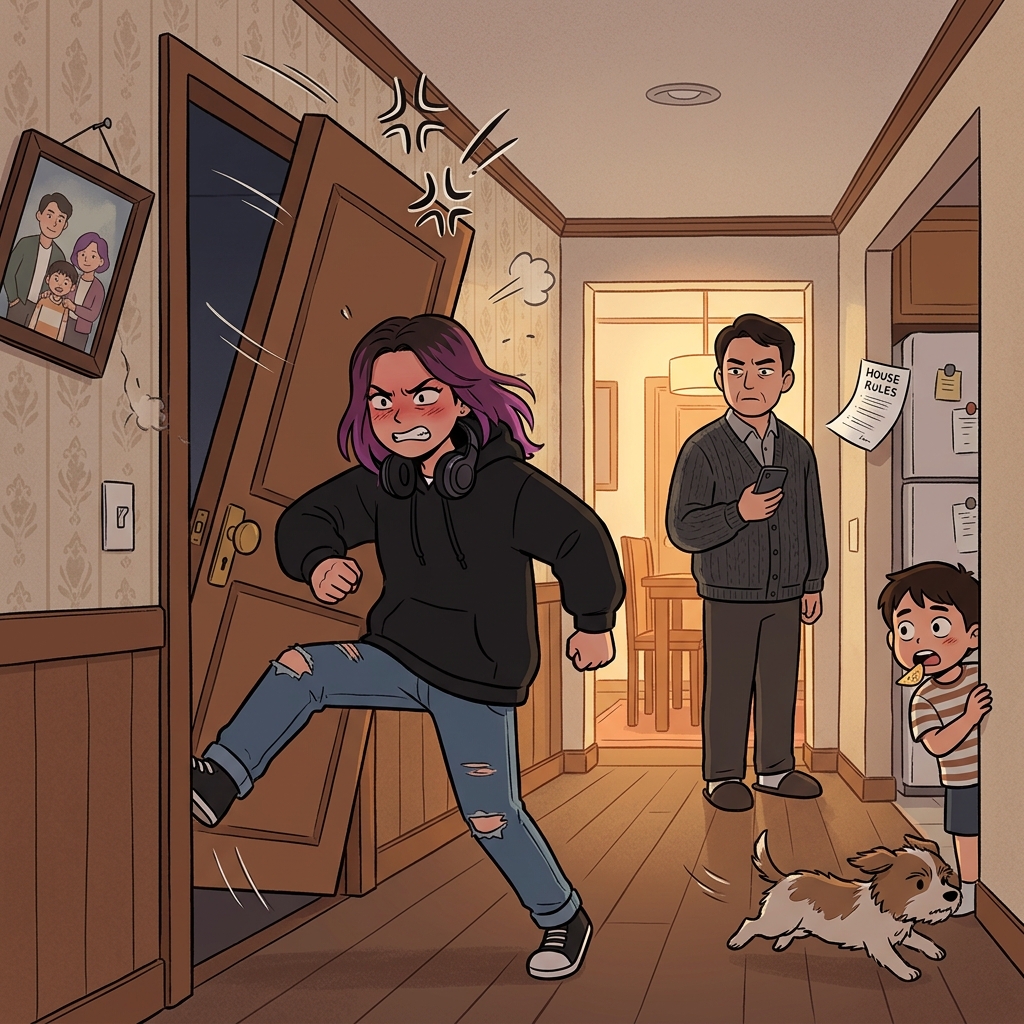 The rebellious teenager slams the door after refusing her father's rules.