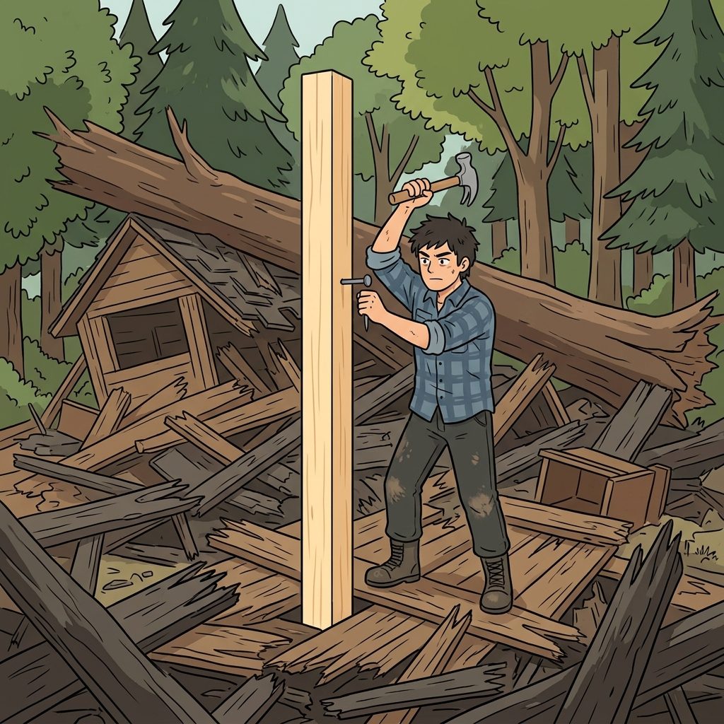 The determined carpenter nailed the first new beam, ready to rebuild the completely collapsed cabin.