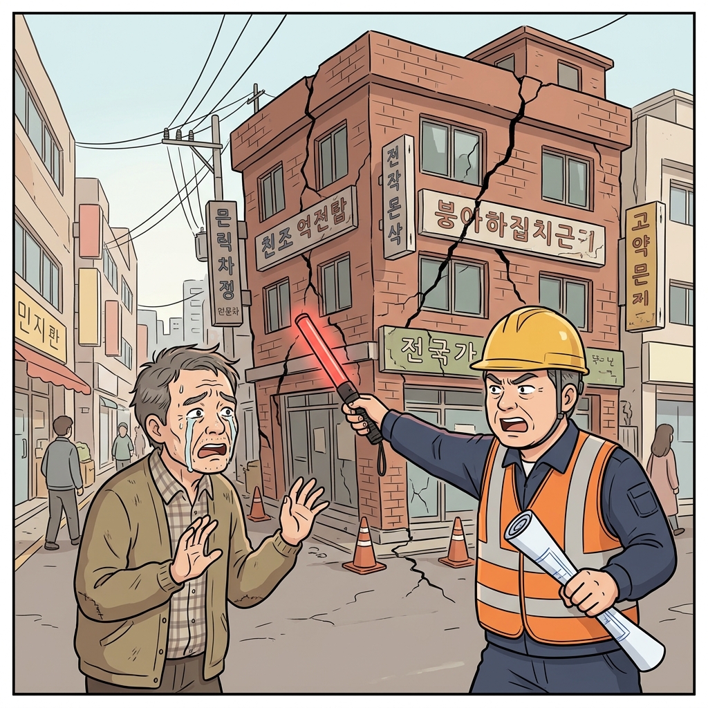 화가 난 안전 검사관은 기울어진 탑을 가리키며, 소유주에게 건물을 완전히 다시 지으라고 명령했다. (Re = 다시(Again), Build = 짓다)