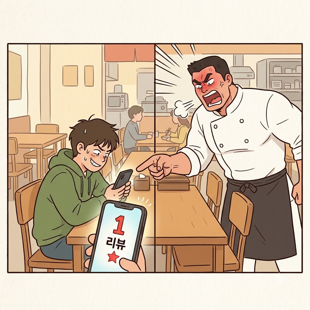 "가짜 리(re)뷰(bu) 크(ke)게 남겼네!" 화가 난 셰프는 온라인에 거짓말을 올린 손님을 심하게 꾸짖고 질책하러(rebuke) 갔다.