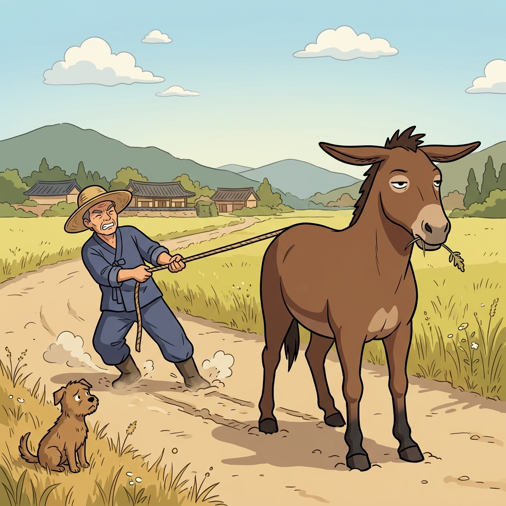 The recalcitrant mule refused to move despite the farmer's pulling.