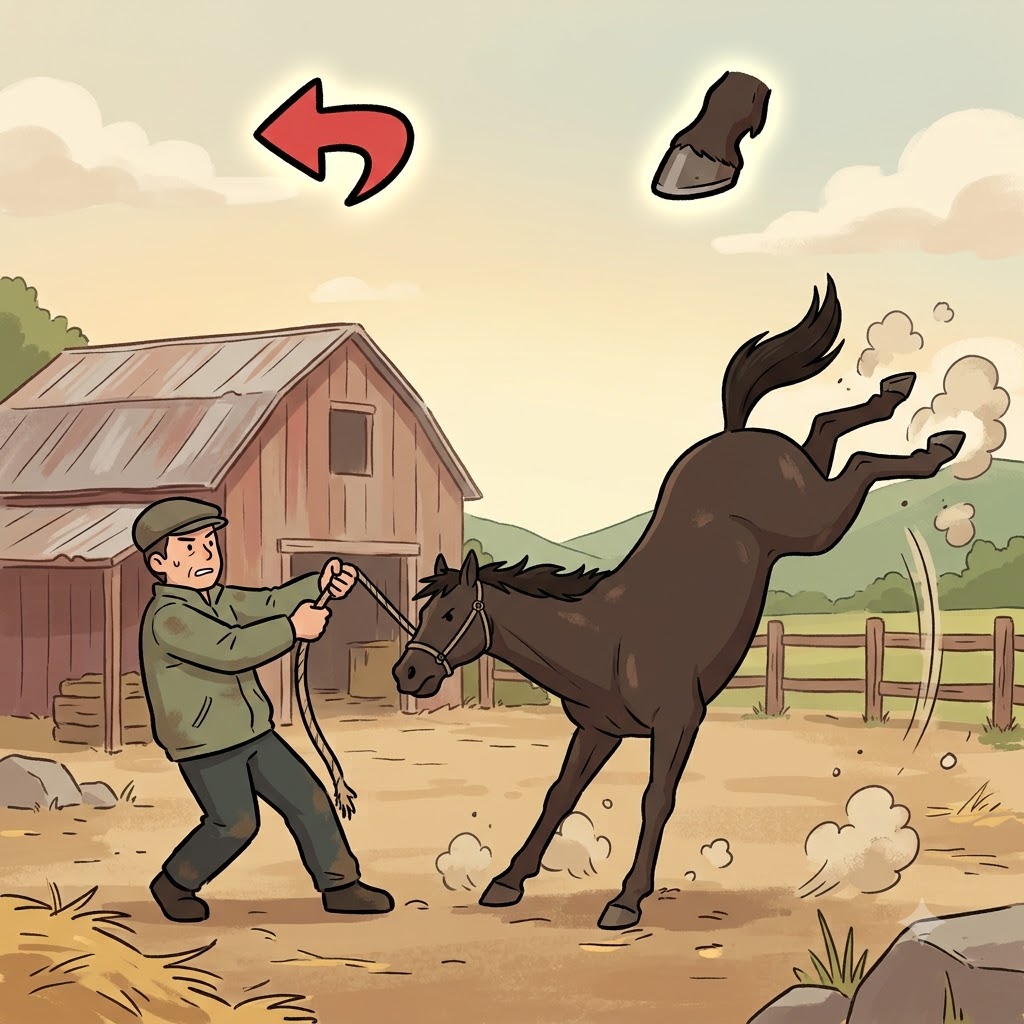 RE(back) + CALC(heel) — when pulled forward, the stubborn horse violently kicked its CALC(heel) RE(back), showing its truly recalcitrant nature.